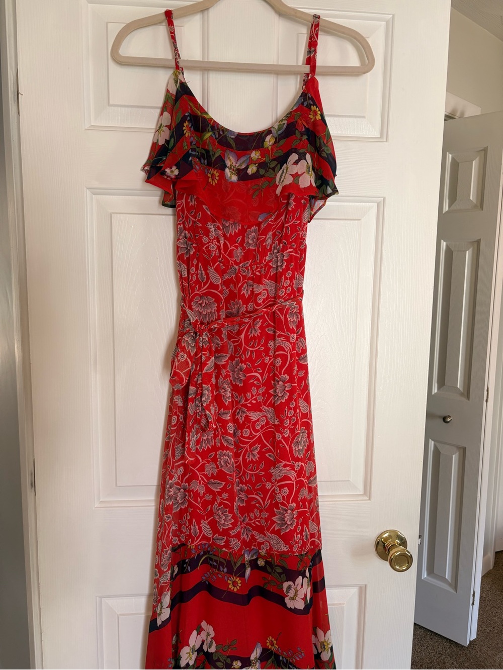 Anthropologie C&S Red Floral Ruffle Maxi Dress Size L